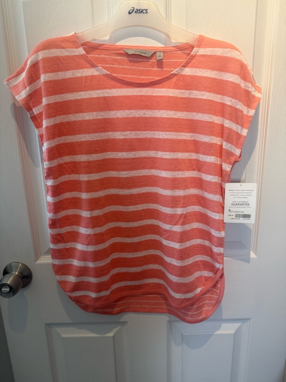 Athleta Size Small 100% Linen NewPort Tee Top Coral & White Striped Women's NWT